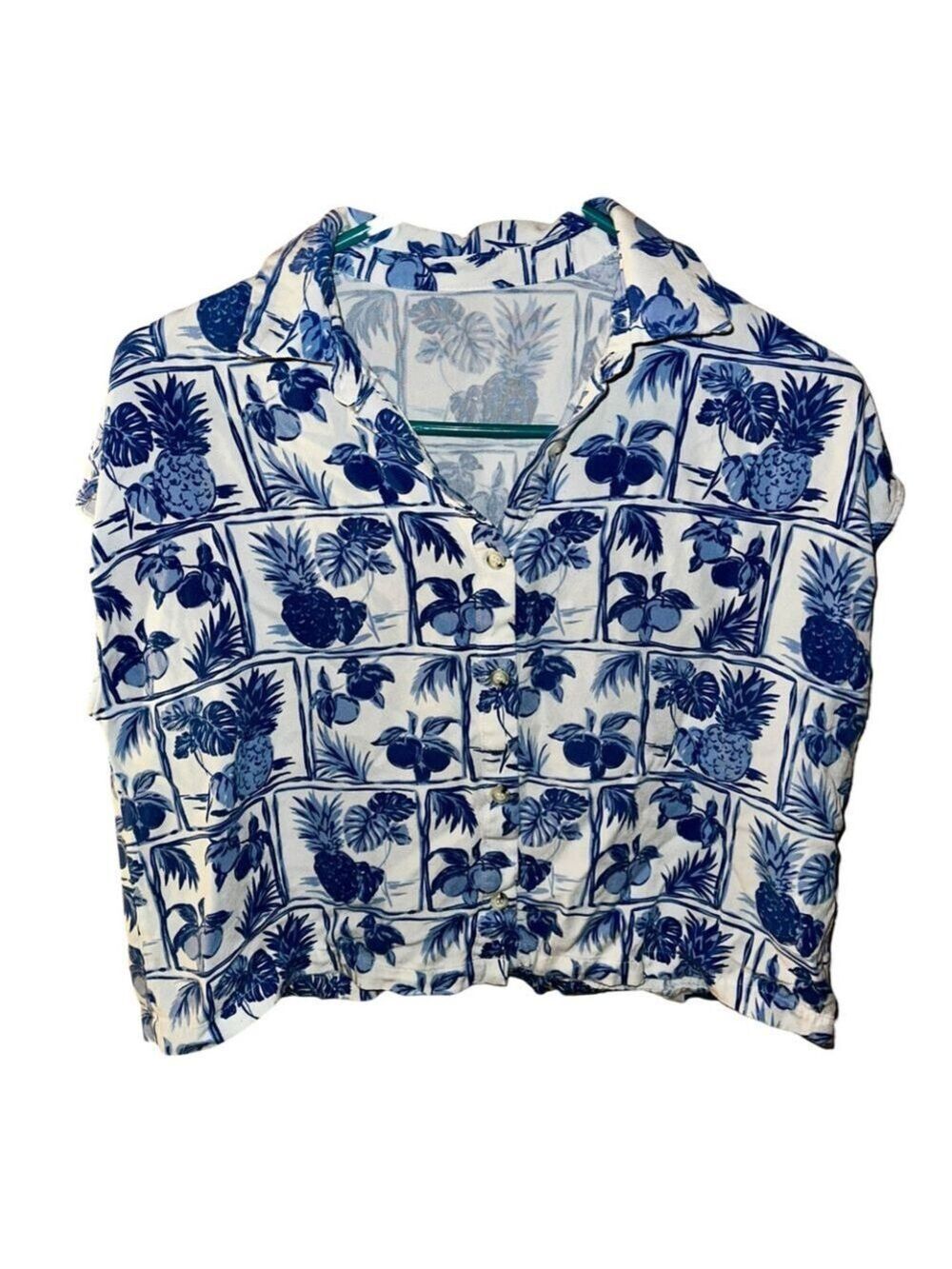 Rose & Olive Blue White Hawaiian Novelty Fruit Cropped Cap Sleeve Shirt - Picture 2 of 8